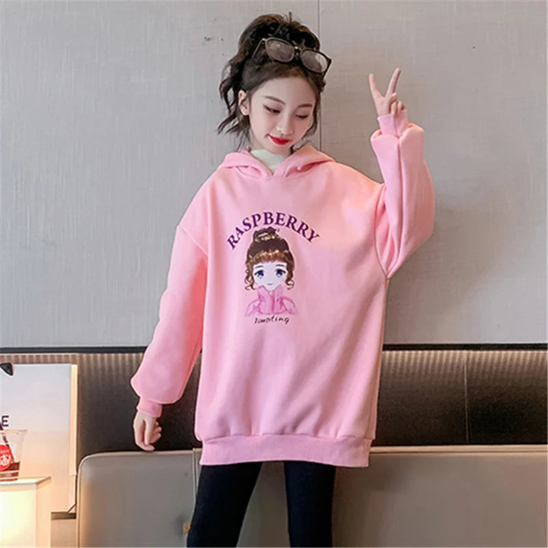 Teenage Girls Hoodies Sweatshirts Cool Girl Warm Insulated Outerwear with Cartoon New Winter Thicken Clothes Cotton Hooded Tops