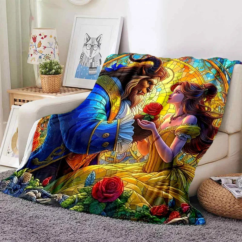 Lovely Beauty and The Beast Cartoon Soft Blankets,Keep Warm Throw Blanket Comfortable Blanket for Picnic Beds Sofa Home Bedroom