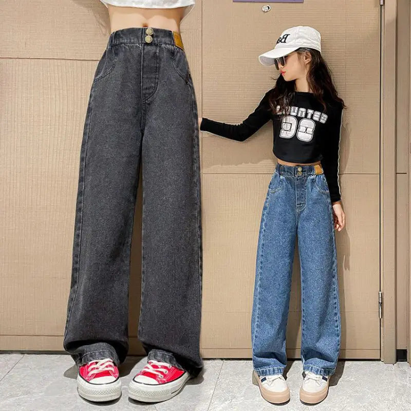 2025 Teen Girls Denim Wide Leg Pants Spring Autumn Fashion Big Flare Pants Loose Jeans For 5-14 Years Girls Outdoor Trousers