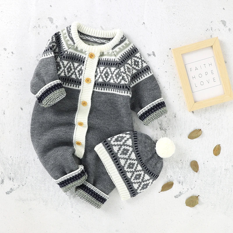 Autumn Newborn Baby Rompers Hats Outfits 2pcs Winter Casual Long Sleeve Knitted Infant Kids Boys Girls Jumpsuits Toddler Costume