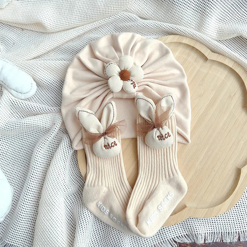 0-12 Months Baby Newborn Turban Cap Socks Set Cute Flower Princess Girl Indian Caps Cartoon Rabbit Ears Cotton Socks Kids Sokken