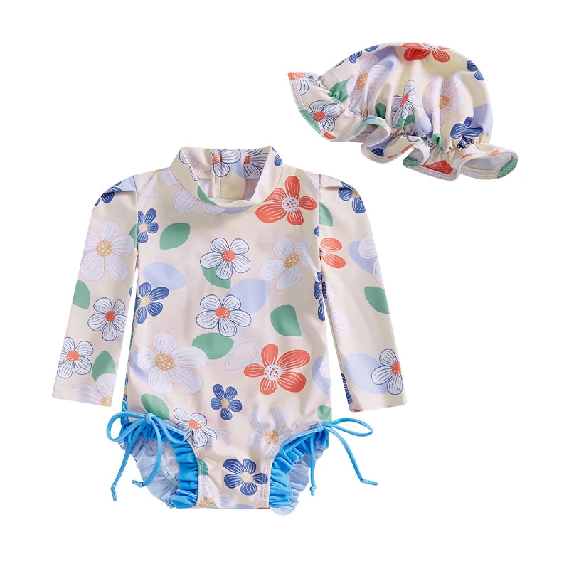Newborn Baby Girl Swimsuit Summer Adorable Floral/Shell Print Long Sleeve Mock Neck Bathing Suit with Hat Rash Guard Swimwears