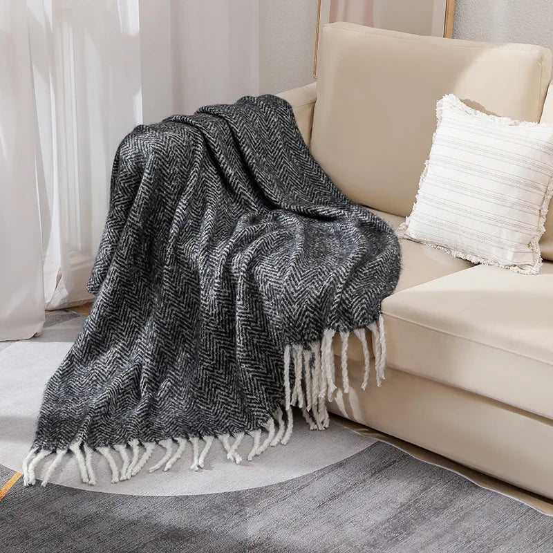 European and American Style Solid Sofa Blanket Napping Air Conditioning Blanket Towel with Tassels Super Soft Cozy Shawl Cushion