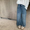 Childrens Jeans Good Fit High-quality Girls Autumn Fashionable and Versatile Washed Elastic Retro Straight Leg Jeans