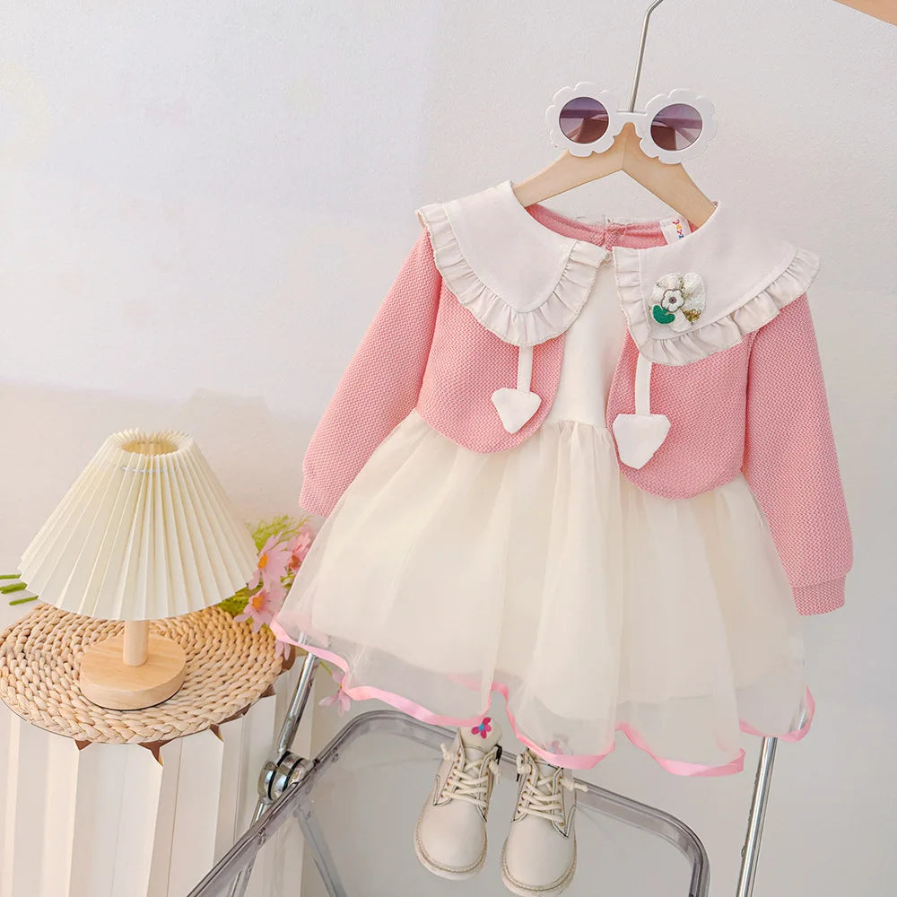 Baby Girl Dress Spring and Autumn Baby Korean Style Cute Long Sleeve Dress Casaul Round Neck Sweet Pink Dress