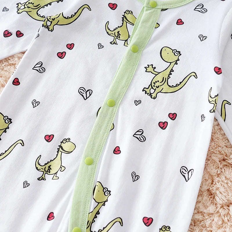 Spring and fall cotton long-sleeved baby clothing green Cartoon dinosaur print 0-18 months baby one-piece  newborn romper