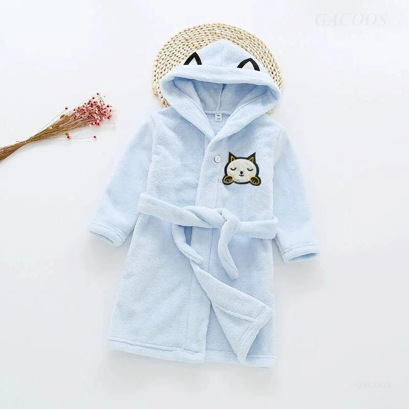 2025 Kids Hooded Flannel Bathrobe Baby Bath Bear Printed Robes Boys Girls Cute Cartoon Soft Warm Pajamas Long Sleeve Towel Robe