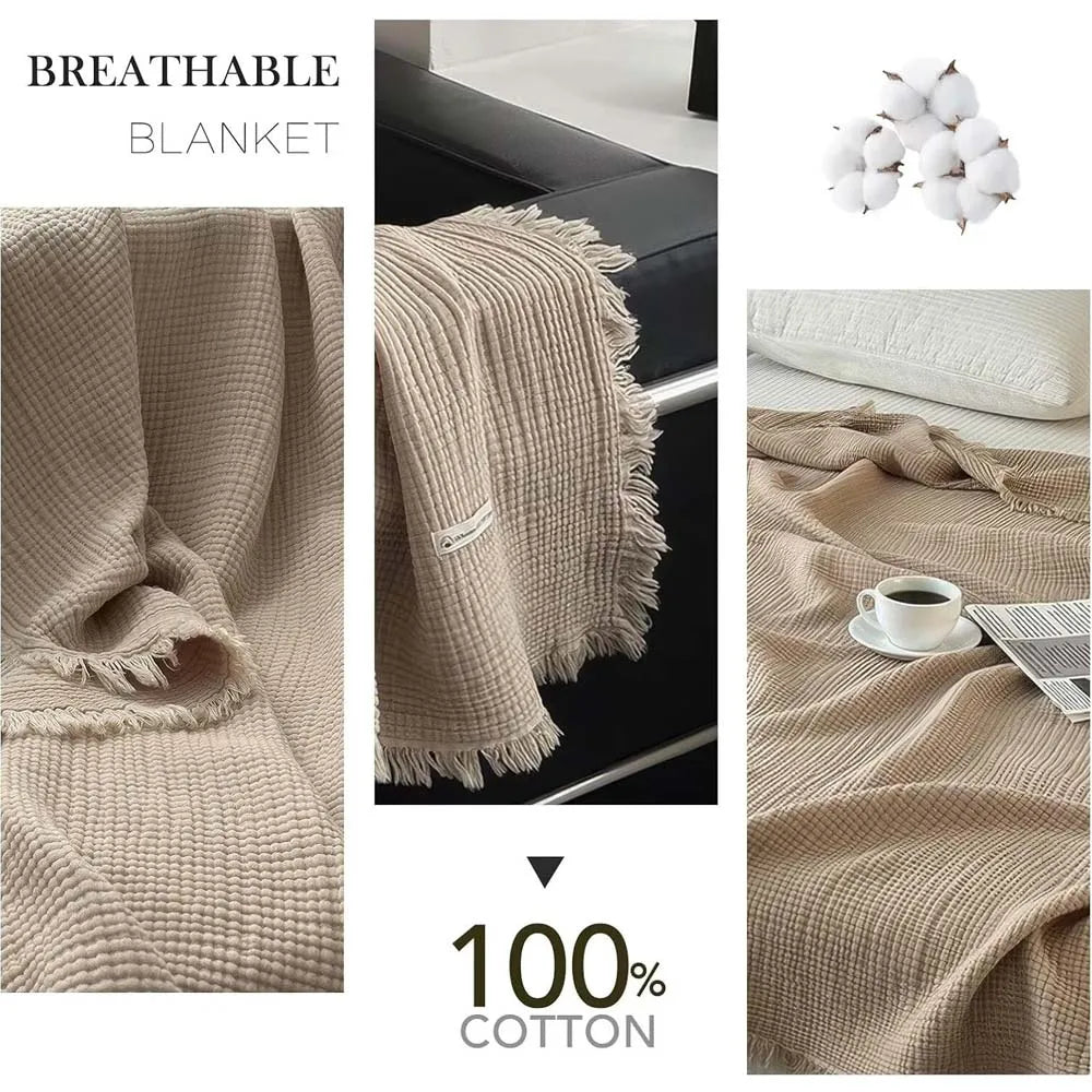 1PC Blanket 100% Cotton Sofa Towel Tassels Bed Solid Color Shawl Skin-friendly Plaid Blankets for Travel Home Bed Sofa Office