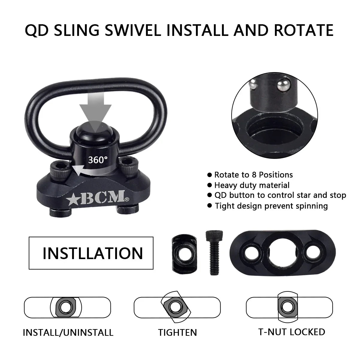 B-C-M QD Sling Swivel Adapter MLOK Keymod Rail Mount Strap Buckle Quick Release Sling Stud Loop Push Button