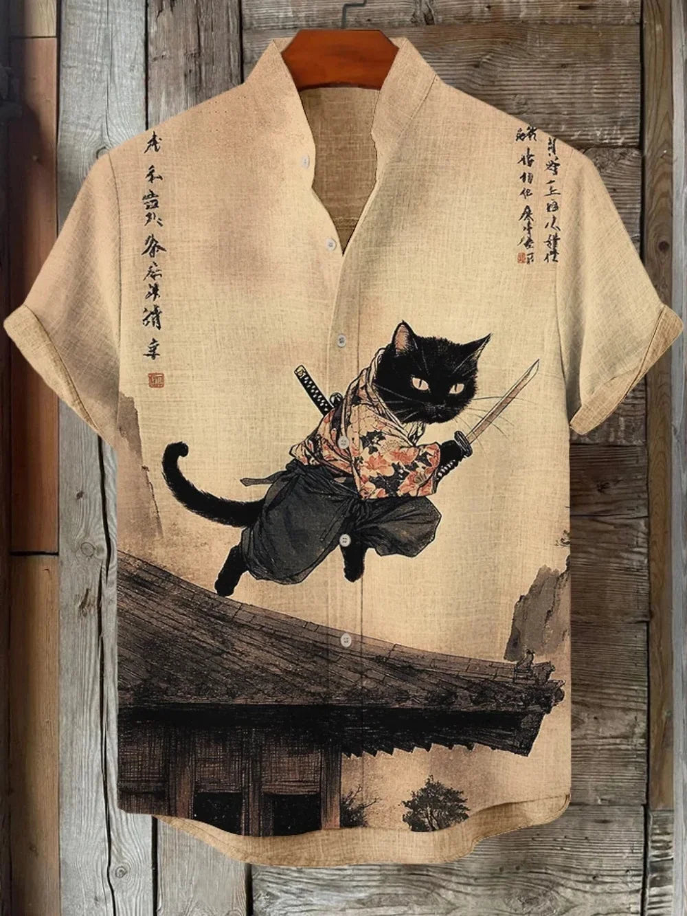 Men's Fashionable Black Cat Retro Print Shirt Short Sleeved Stand up Collar Cardigan Summer Casual Breathable Men's Clothing