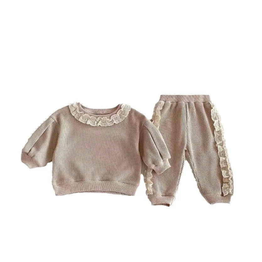 2025 Autumn Spring New in Sweet Lace Trimmed Stylish Sweatshirt + Pants Korean Kids Baby Girls' Casual Loose 2-Piece Set