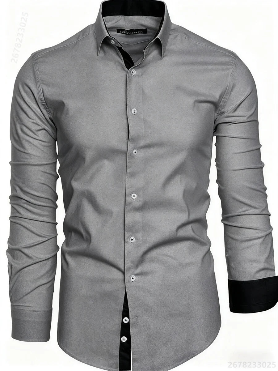 Men's shirt slim fit long sleeve lapel shirt business office fashion solid color black red daily casual men's tops XS-6XL size