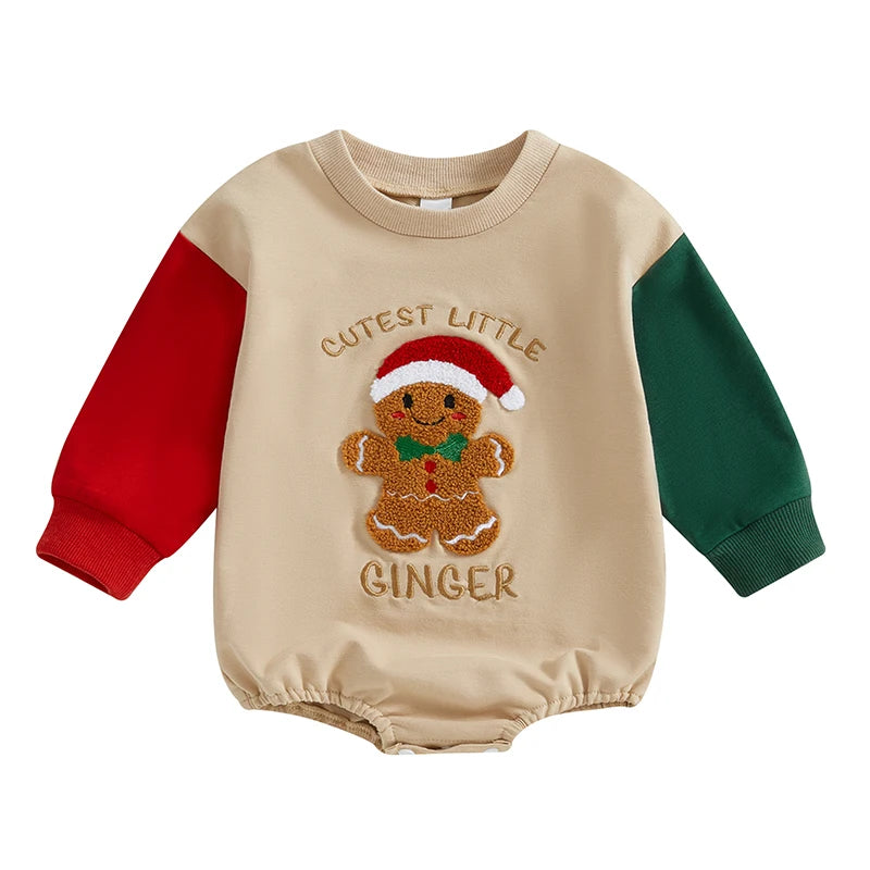 Baby Christmas Sweatshirt Romper Casual Gingerbread Letter Embroidery Long Sleeve Jumpsuit for Newborn Cute Clothes