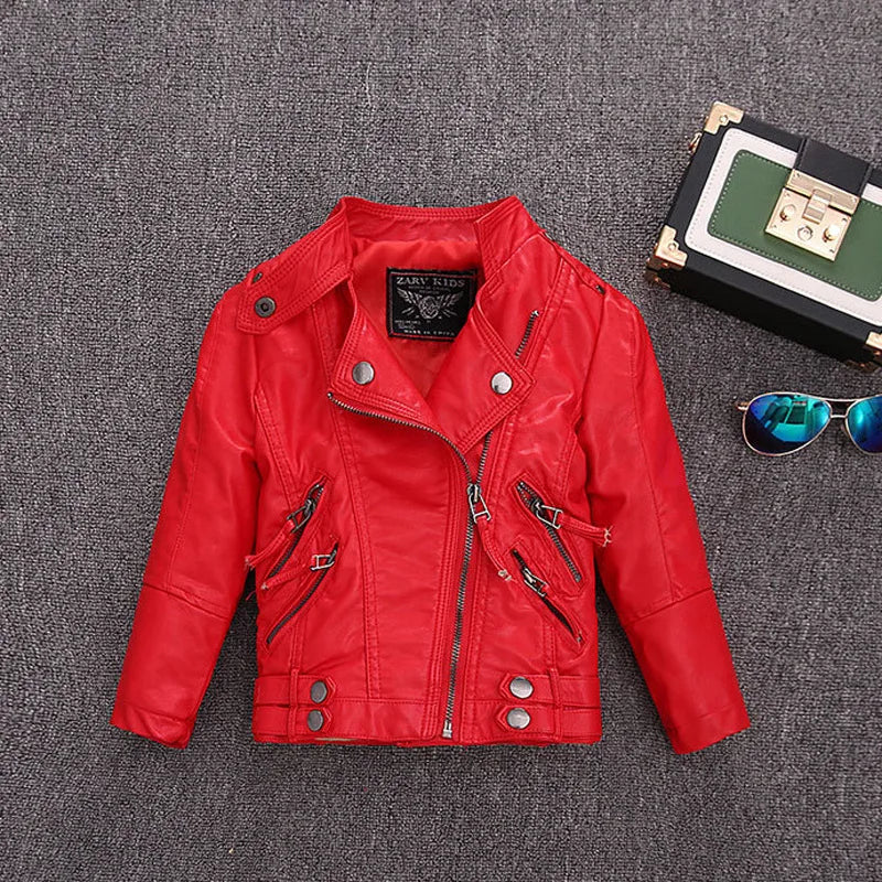 2-14 Years Old Girls Faux Leather Jacket Children PU Coat Long Sleeve Zip Belt Locomotive Jacket Stylish Teen Kids Boys Jackets