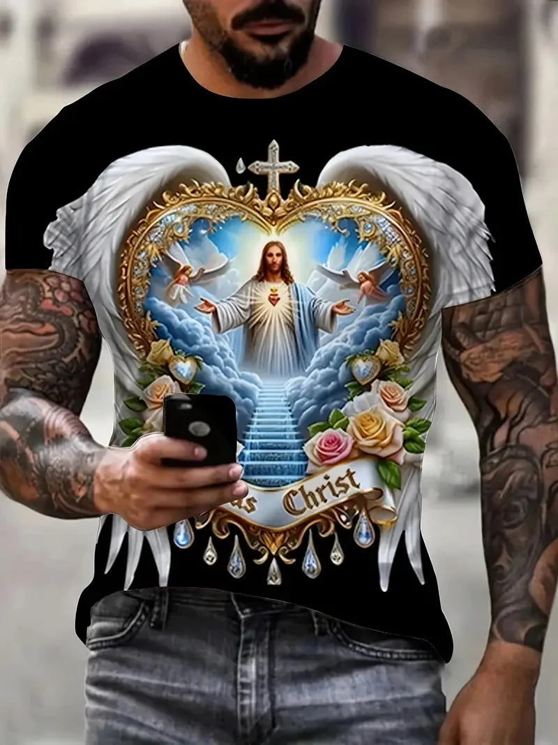 Men's 3D Jesus Print T-Shirt Short Sleeve Casual Crew Neck Praying Hands Design Tshirt For Men New In Oversized Tee Shirt Tops