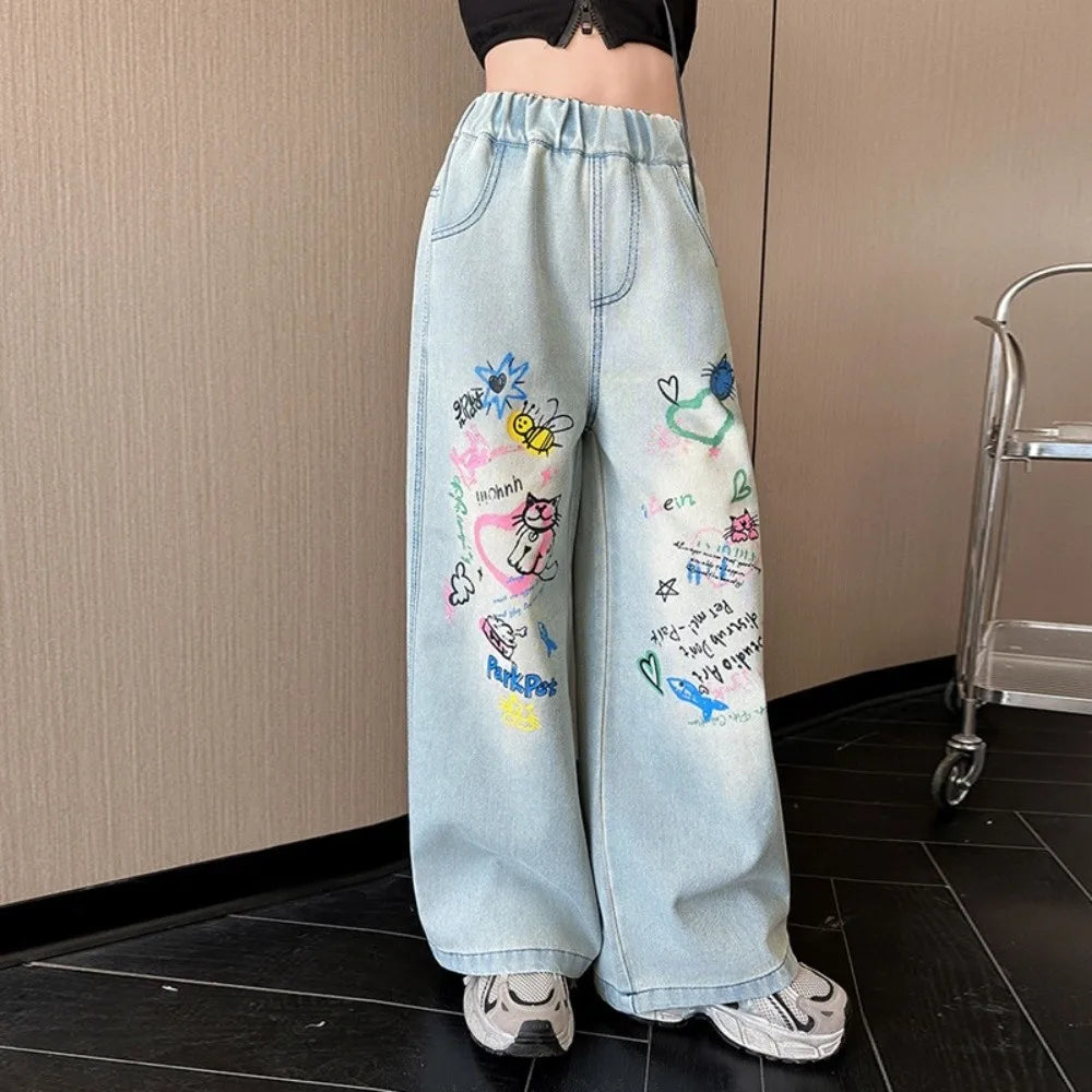 Straight Teen Girl Jeans Loose Graffiti Children Cartoon Jeans High Waist Wide Leg Girls Denim Trousers Kids Children