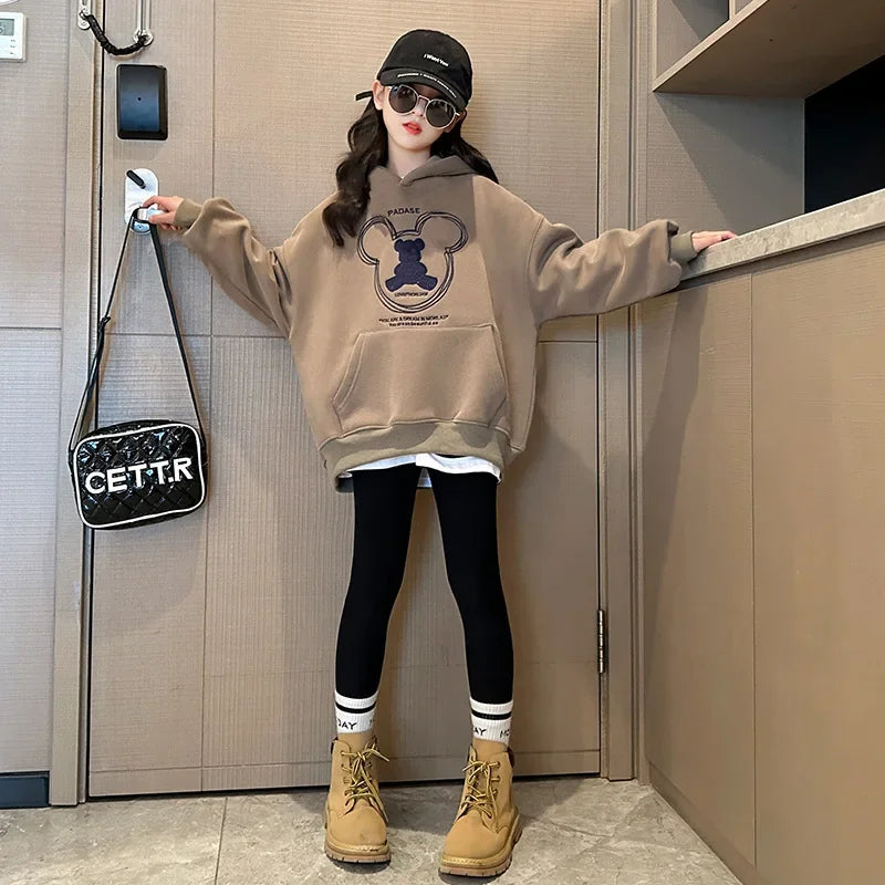 2025 girls clothes autumn winter sweatshirt bear t-shirt hooded + stretch pants leggings teens children set 8 9 10 11 12 year