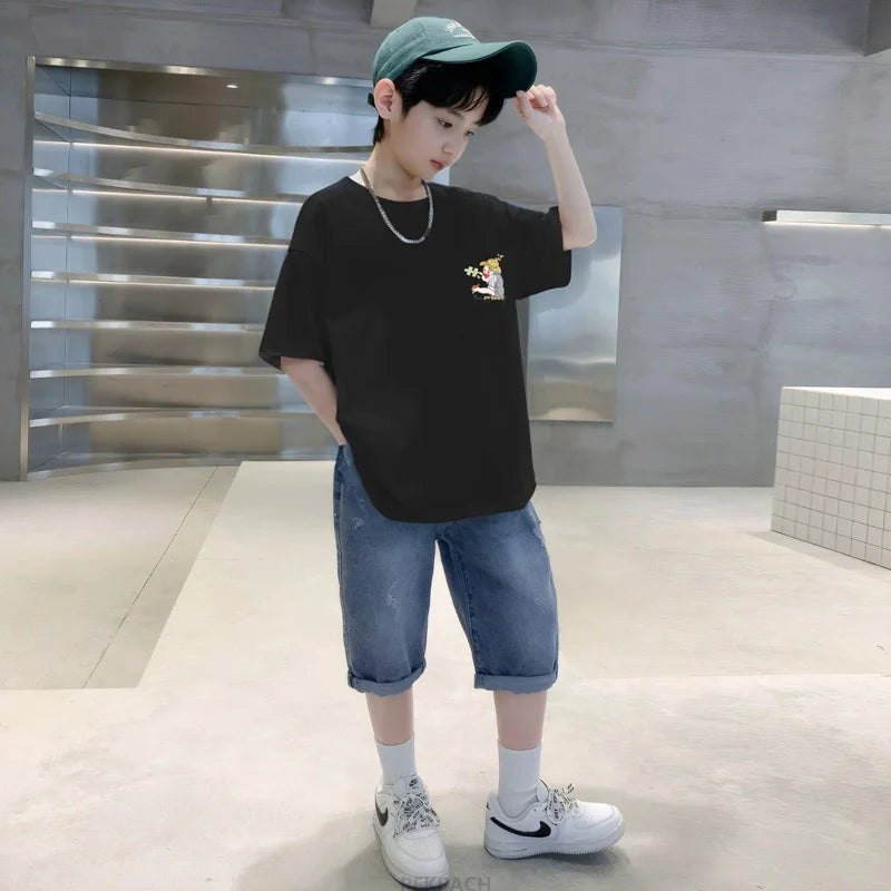 Big Boys Sets Clothing Kids Short Sleeve Cotton T-shirt And Shorts 2 Pieces Outfits Set Teenage Children Casual Summer Outerwear