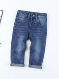 Boys' Slim-Fit Stretch Denim Jeans - Dark Blue Casual Style Pants with Pockets, Perfect for Spring & Fall, Durable Construction