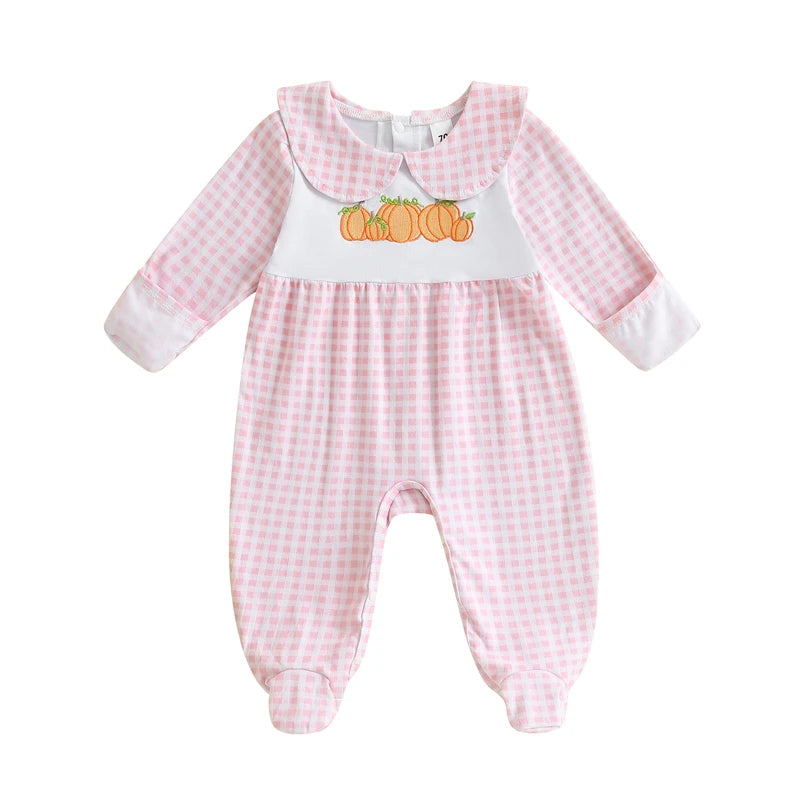 Baby Clothes Baby Girls Boys Halloween Romper Pumpkin Embroidery Plaid Doll Collar Long Sleeve Footie Jumpsuit for Fall