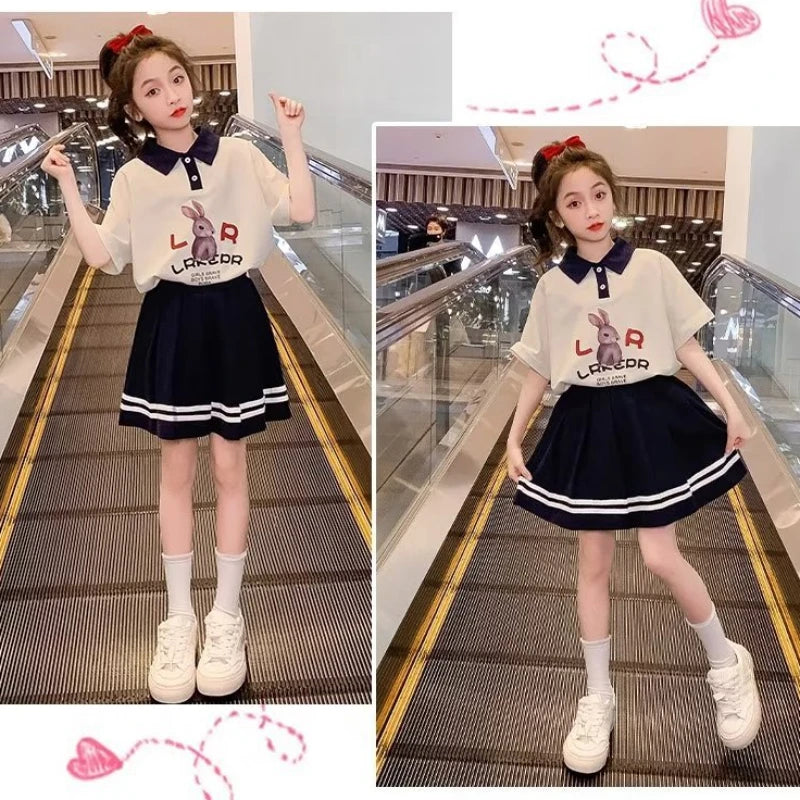 Summer Teenage Girls Clothes Set Children Lapel Tshirt and Pleats Skirts Suit Student School Short Sleeve Top Bottom Outfits