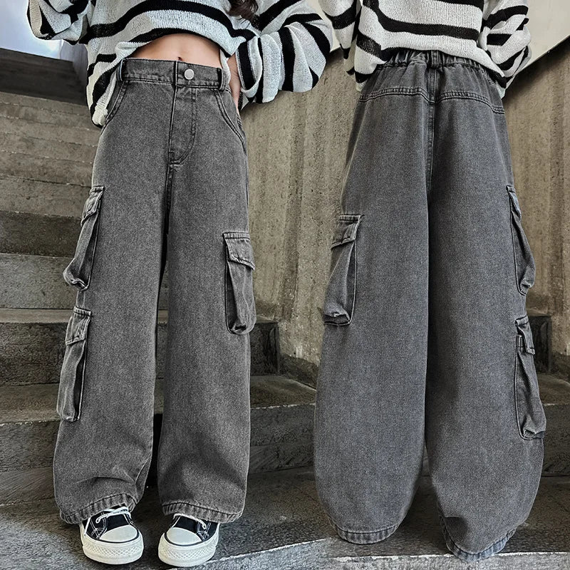Kids Cargo Jeans For Girls 2024 Spring Korean Fashion Children Multi-Pocket Loose Straight Denim Trousers Teenage Baggy Pants 16