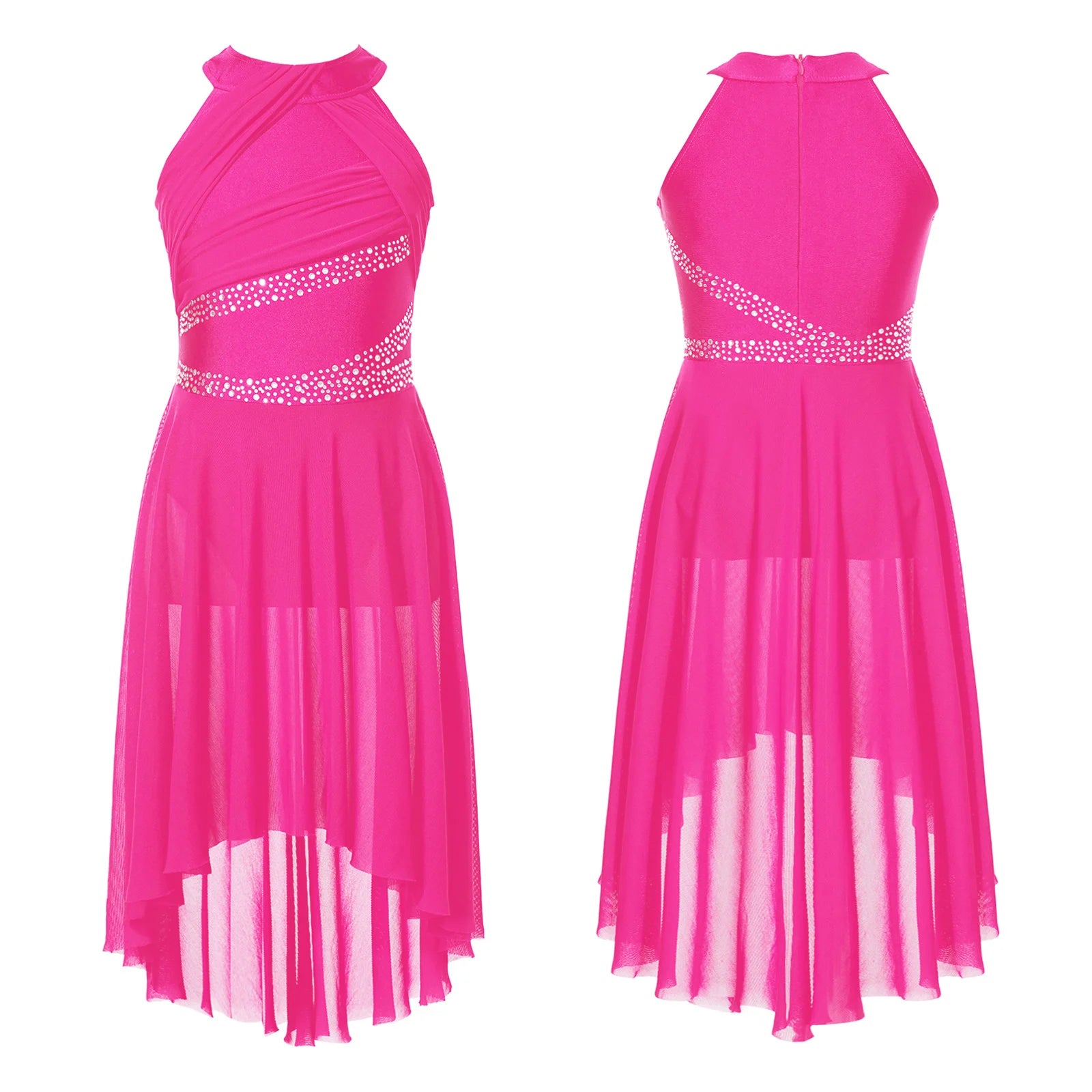 Teen Girls Modern Lyrical Dance Dress Latin Ballet Gymnastics Skating Clothes Sleeveless Shiny Rhinestone Ruched Leotard Tutu