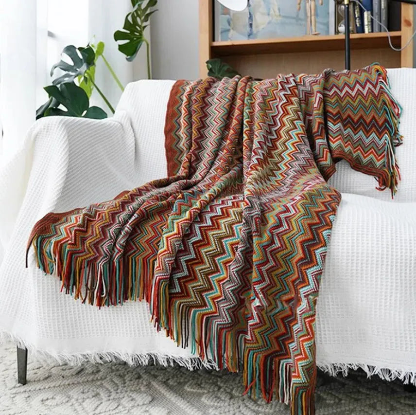 Bohemian Bed Blanket Knit Model Home Decoration, Colorful Striped Sofa Cover, Large Size Bedspread, Hotel Bed End Towel Cover