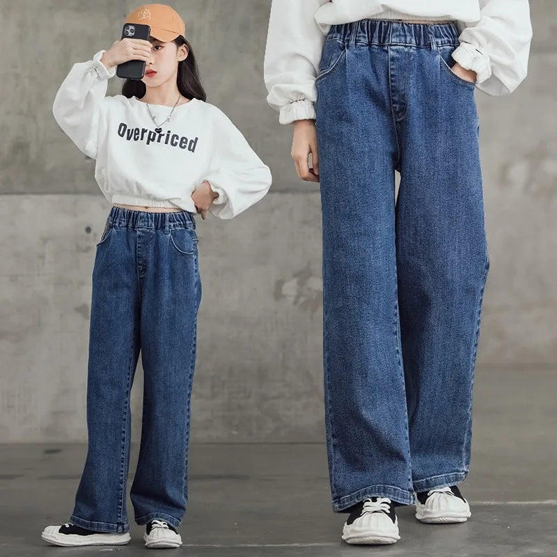Girls Jeans spring autumn Casual Loose Side Gradient Color Young Children hole Wide Leg Pants3-12Years Teen School Kids Trousers