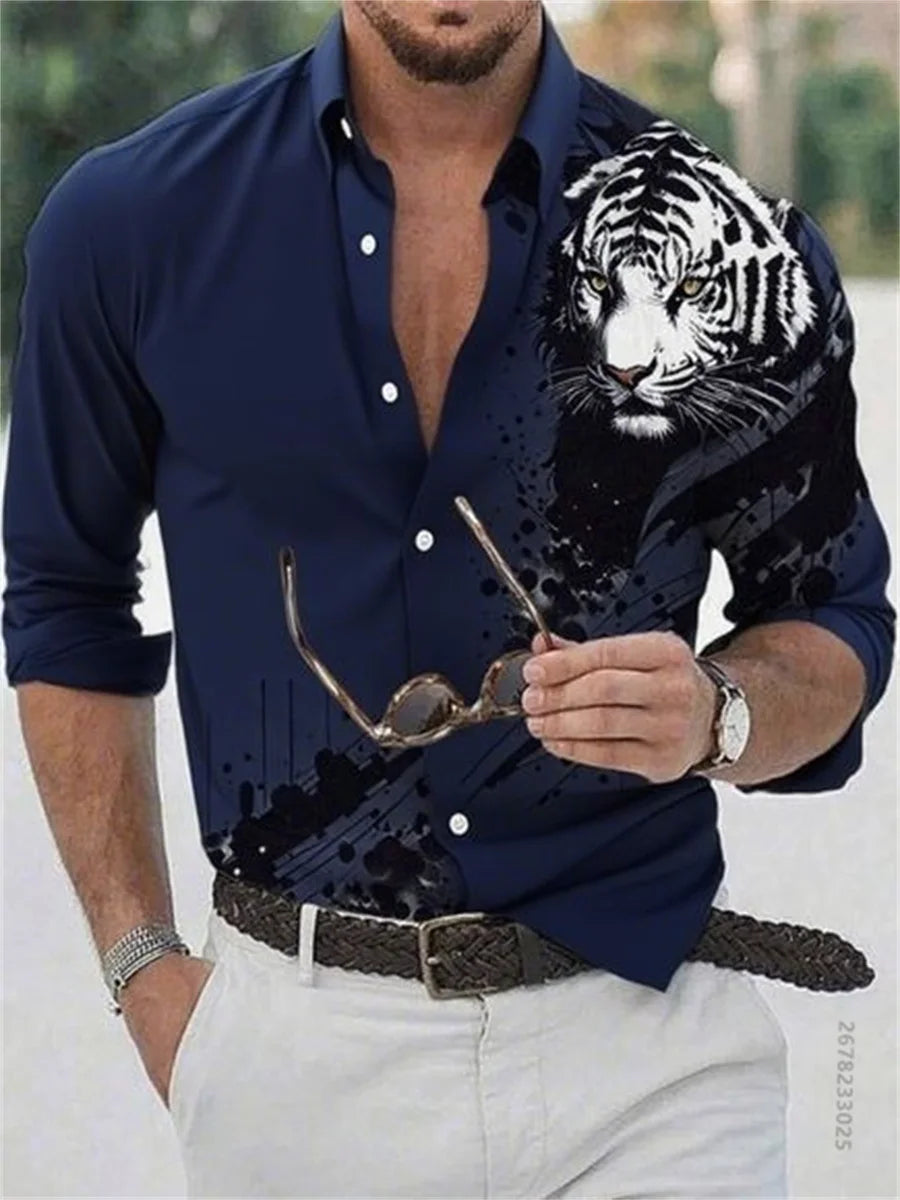 Men's pure color casual tiger 3D print long sleeve shirt, slim without ironing fashionable elastic fabric social essential