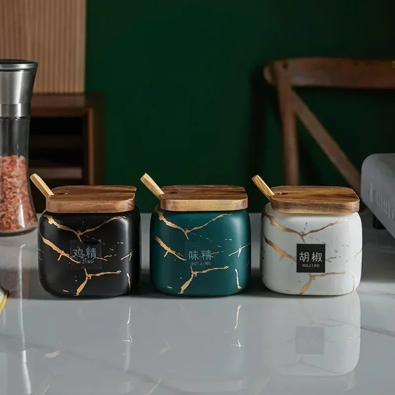 Japanese Kitchen Frosted Seasoning Pot Set Two Pack Marble Ceramic Household Combined Seasoning Box Salt Sugar Seasoning Bottle
