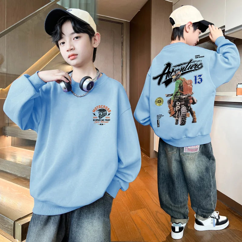 2025 Kids Clothes Boys Streetwear Motorcycle Print Hoodies Sweatshirt Boys Clothing 10 To 14 Years Long Sleeves Children Top
