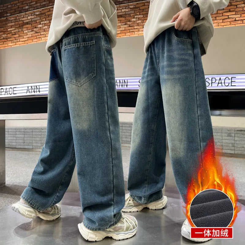 Boys Jeans 2024 Autumn&winter New Teenage Children Plus Fleece Warm Pants Boys Fried Street Handsome Pants Kids Denim Trousers