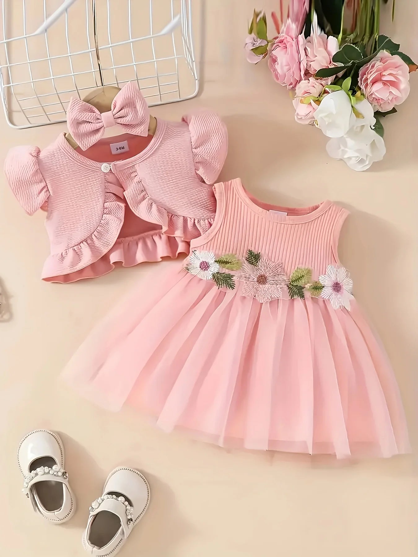 Little Princess Summer Flower net gauze dress, bow hairset, small cardigan coat three-piece set