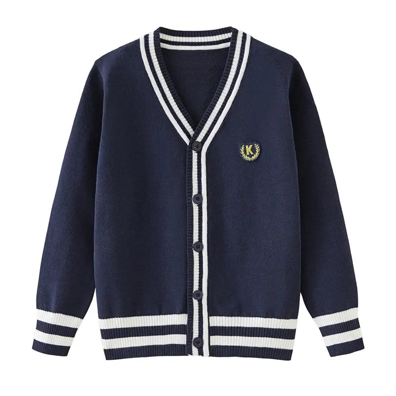 Toddler Girl Cardigan Autumn V-neck Striped Sweaters Teenage Boys Knit Sweater Navy Blue Grey Outerwear Uniform 3 To 18 Years