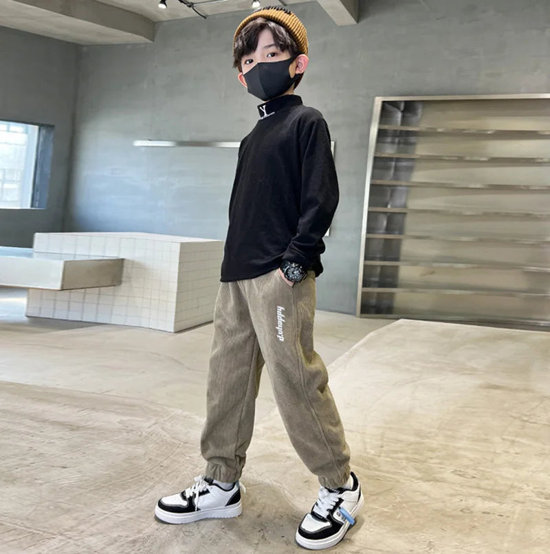 Children's Plus Velvet Pants Boys Padded Trousers Winter New Kids Elastic Waist Sweatpants Teenager Casual Fleece Clothing