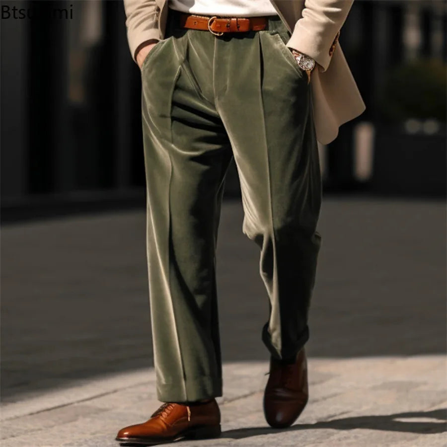 2025 Spring Autumn Men's Solid Color Velvet Suit Pants Business Casual Straight Leg Trousers Male Streetwear Fashion Dress Pants