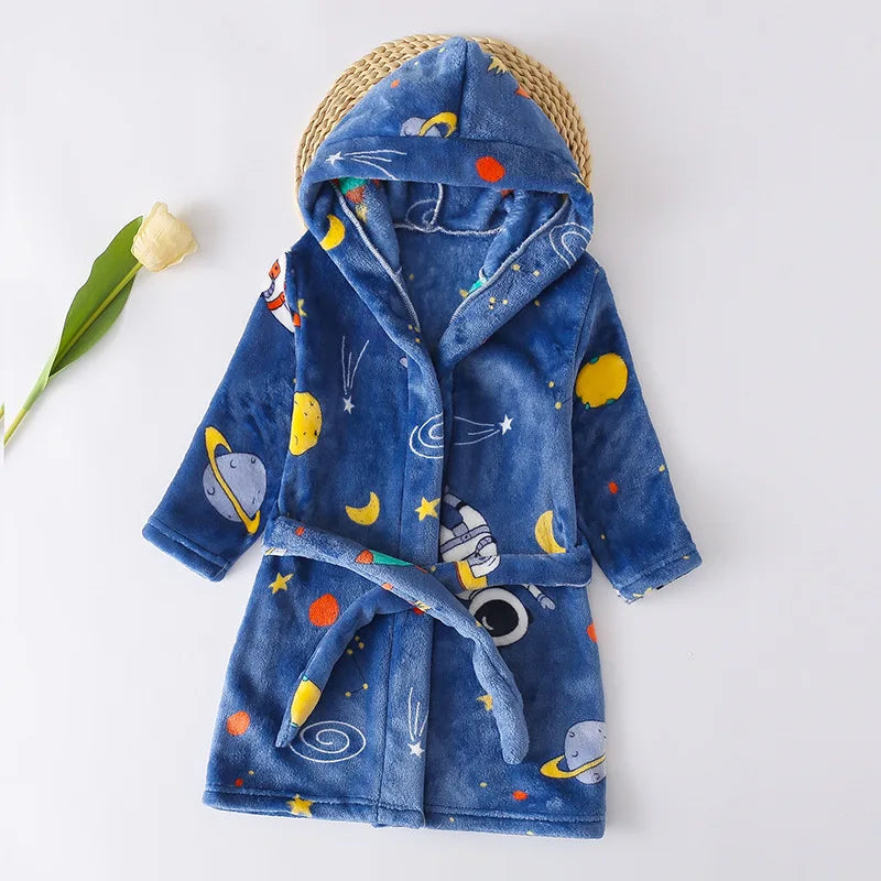 2025 Kids Hooded Flannel Bathrobe Baby Bath Bear Printed Robes Boys Girls Cute Cartoon Soft Warm Pajamas Long Sleeve Towel Robe